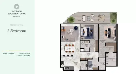 Plattegrond van 2 slaapkamers in Jacob & Co. Beachfront Living