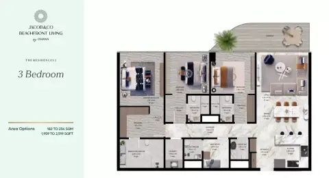 Plattegrond van 3 slaapkamers in Jacob & Co. Beachfront Living