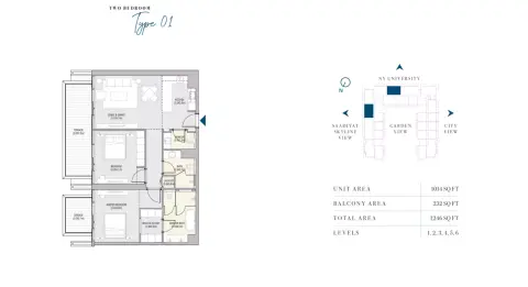 Plattegrond van 2 slaapkamers in Vida Residences