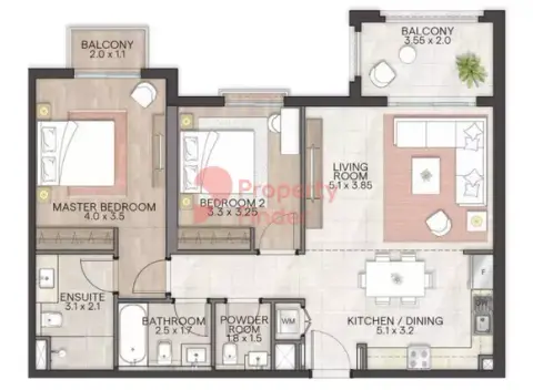 Plattegrond van 2 slaapkamers in Granada