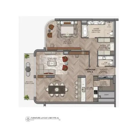 Plattegrond van 1 slaapkamer in Yas Links Luxury Living