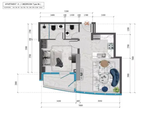 Plattegrond van 1 slaapkamer in Renad Tower