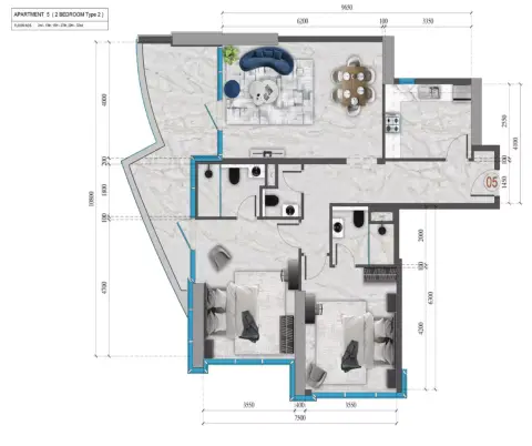 Plattegrond van 2 slaapkamers in Renad Tower