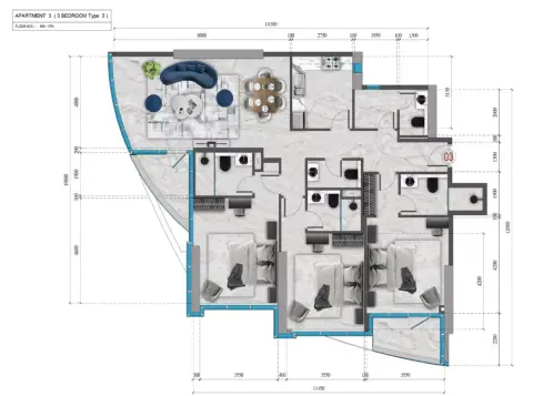 Plattegrond van 3 slaapkamers in Renad Tower