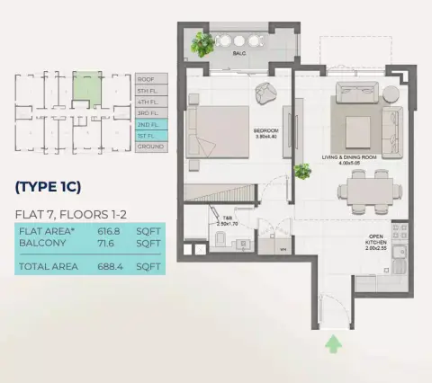 Plattegrond van 1 slaapkamer in Reeman Residence 01