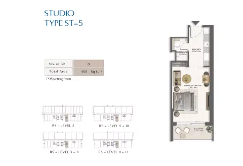 Plattegrond van Studio in Rotana Residences South Tower