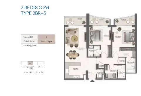 Plattegrond van 2 slaapkamers in Rotana Residences South Tower