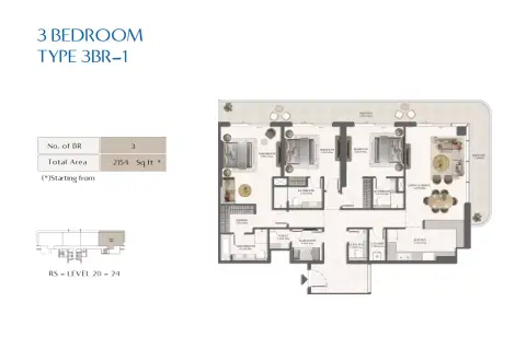 Plattegrond van 3 slaapkamers in Rotana Residences South Tower