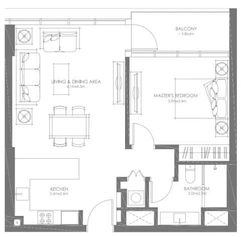 Plattegrond van 1 slaapkamer in Saadiyat Grove