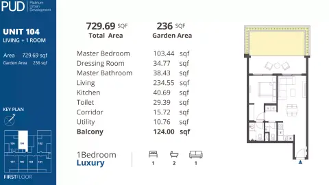 Plattegrond van 1 slaapkamer in PUD Residences 1