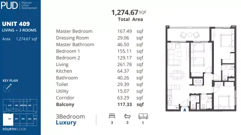 Plattegrond van 3 slaapkamers in PUD Residences 1