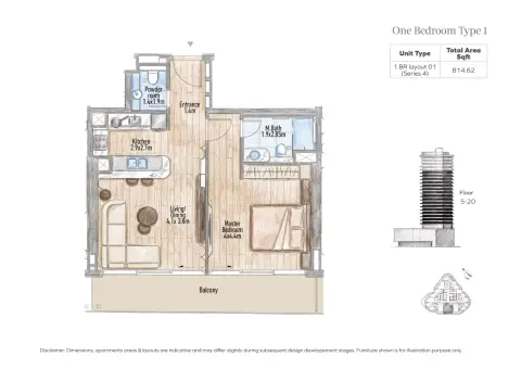 Plattegrond van 1 slaapkamer in Flow 25