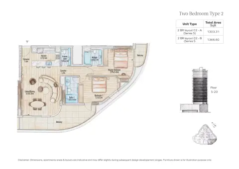 Plattegrond van 2 slaapkamers in Flow 25