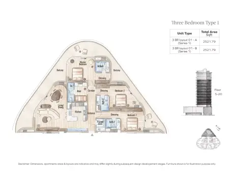 Plattegrond van 3 slaapkamers in Flow 25