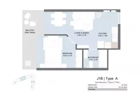 Plattegrond van 1 slaapkamer in The Gate Masdar City