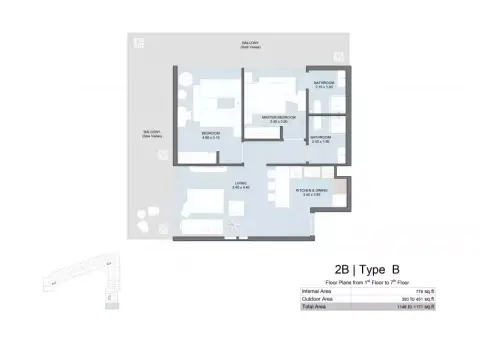 Plattegrond van 2 slaapkamers in The Gate Masdar City