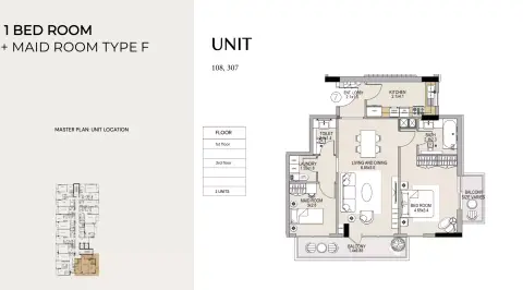 Plattegrond van 1 slaapkamer in Reeman Residences