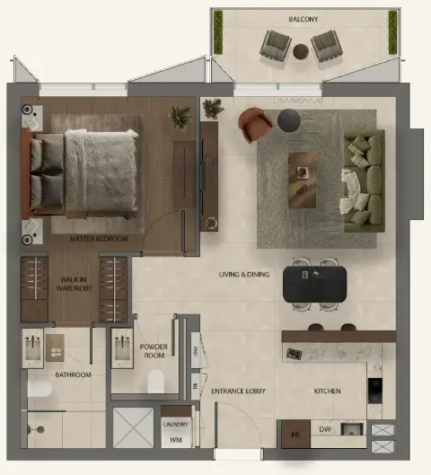 Plattegrond van 1 slaapkamer in Sei Saadiyat