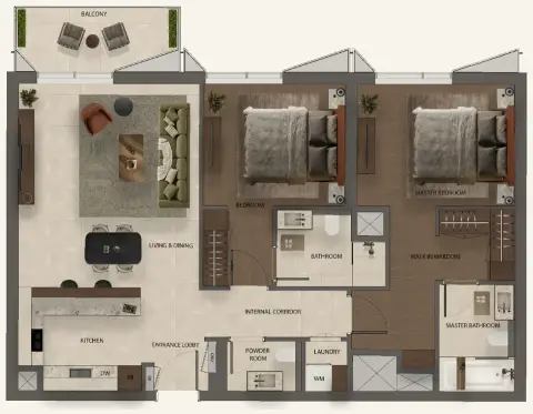 Plattegrond van 2 slaapkamers in Sei Saadiyat