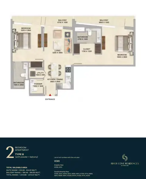 Plattegrond van 2 slaapkamers in River Cove Residences at sobha city