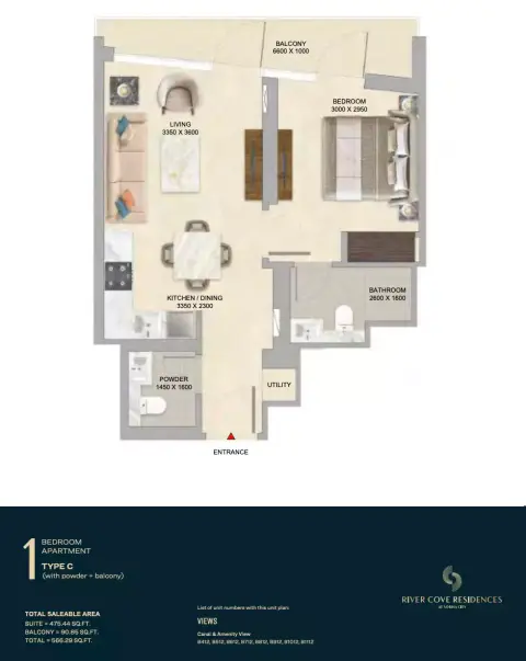 Plattegrond van 1 slaapkamer in River Cove Residences at sobha city