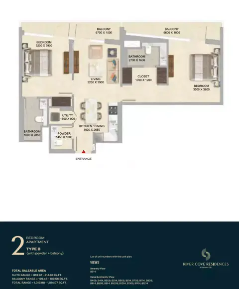 Plattegrond van 2 slaapkamers in River Cove Residences at sobha city