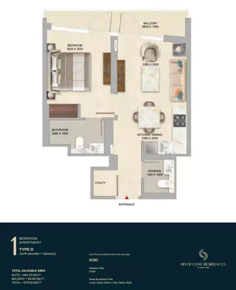 Plattegrond van 1 slaapkamer in River Cove Residences at sobha city