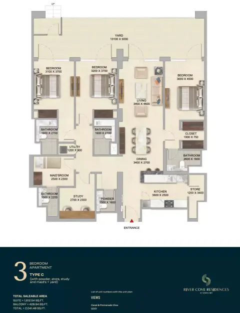 Plattegrond van 3 slaapkamers in River Cove Residences at sobha city