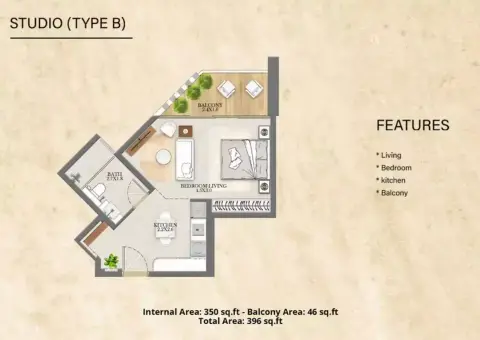 Plattegrond van Studio in Nourwatan Residential