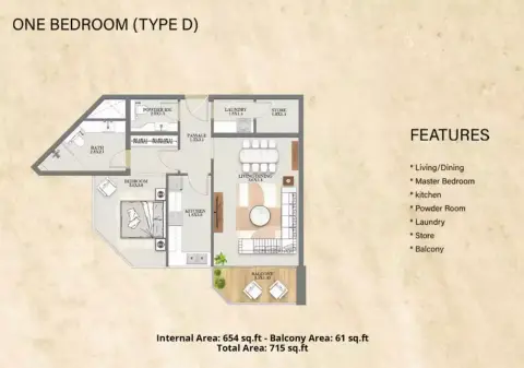 Plattegrond van 1 slaapkamer in Nourwatan Residential