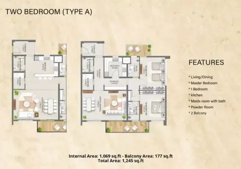 Plattegrond van 2 slaapkamers in Nourwatan Residential
