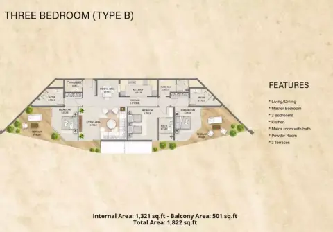 Plattegrond van 3 slaapkamers in Nourwatan Residential