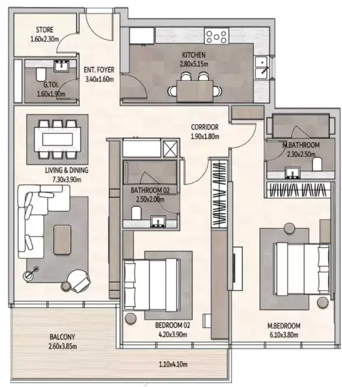 Plattegrond van 2 slaapkamers in Vista Del Mar