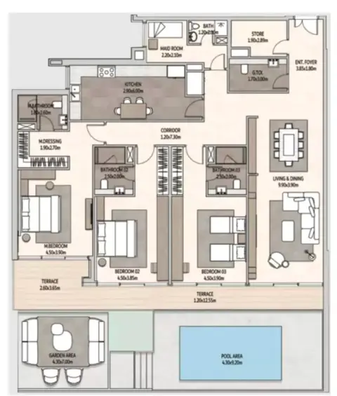 Plattegrond van 3 slaapkamers in Vista Del Mar
