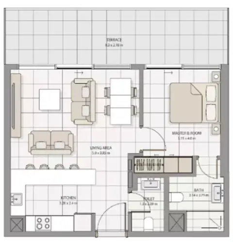 Plattegrond van 1 slaapkamer in The Icon Tower