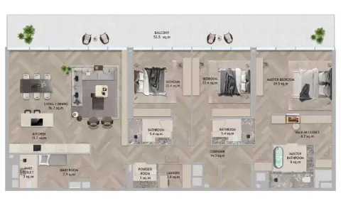 Plattegrond van 3 slaapkamers in The Source Terraces
