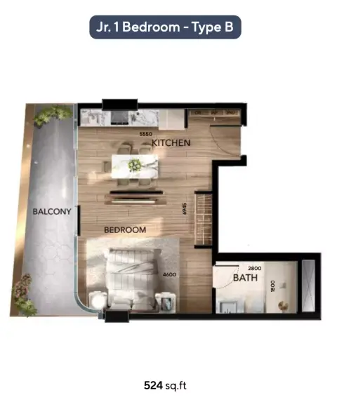 Plattegrond van 1 slaapkamer in Radiant Atrium