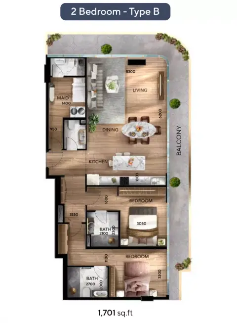 Plattegrond van 2 slaapkamers in Radiant Atrium