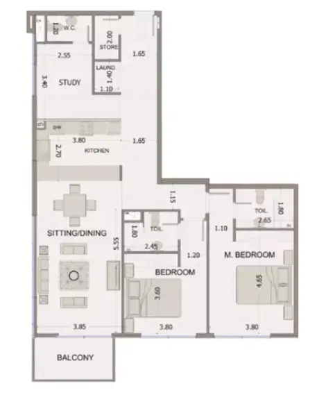 Plattegrond van 2 slaapkamers in Sea View Residence Club House