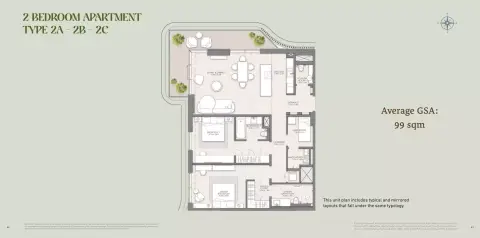 Plattegrond van 2 slaapkamers in Muheira Maysan by Modon