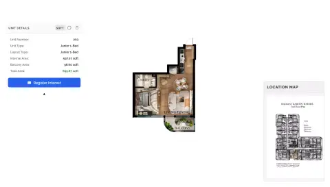 Plattegrond van 1 slaapkamer in Radiant Garden Tower
