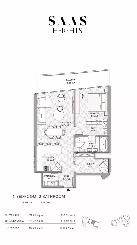Plattegrond van 1 slaapkamer in SAAS Heights