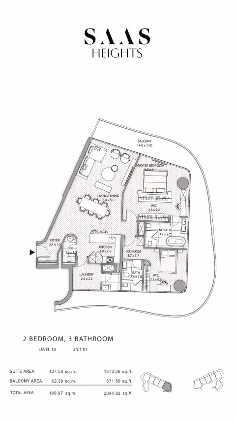 Plattegrond van 2 slaapkamers in SAAS Heights
