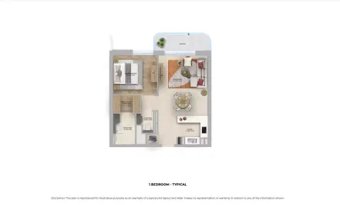 Plattegrond van 1 slaapkamer in Manarat Living Phase 3 By Aldar Properties