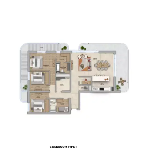 Plattegrond van 3 slaapkamers in Manarat Living Phase 3 By Aldar Properties