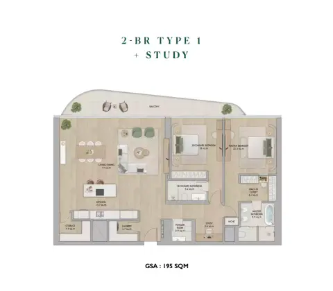 Plattegrond van 2 slaapkamers in Mamsha Gardens