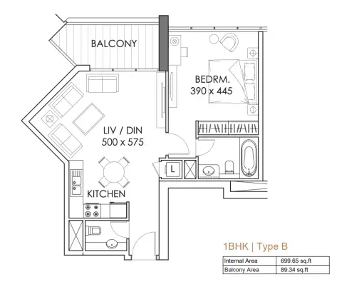 Plattegrond van 1 slaapkamer in The Bay Residence By Baraka
