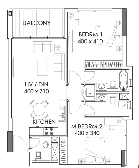 Plattegrond van 2 slaapkamers in The Bay Residence By Baraka