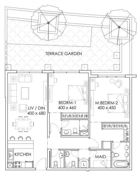 Plattegrond van 2 slaapkamers in The Bay Residence By Baraka