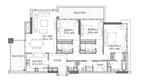 Plattegrond van 3 slaapkamers in The Bay Residence By Baraka